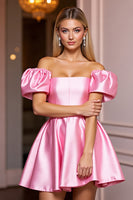 Load image into Gallery viewer, Pink Off the Shoulder A Line Short Satin Homecoming Dress with Ruffles