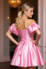 Load image into Gallery viewer, Pink Off the Shoulder A Line Short Satin Homecoming Dress with Ruffles