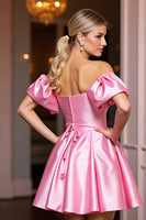 Load image into Gallery viewer, Pink Off the Shoulder A Line Short Satin Homecoming Dress with Ruffles