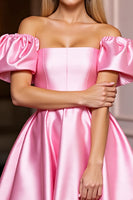 Load image into Gallery viewer, Pink Off the Shoulder A Line Short Satin Homecoming Dress with Ruffles