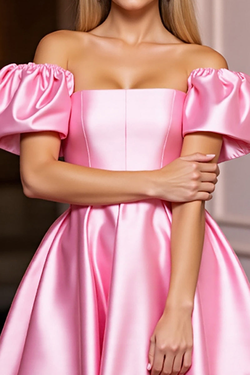 Load image into Gallery viewer, Pink Off the Shoulder A Line Short Satin Homecoming Dress with Ruffles