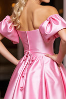 Load image into Gallery viewer, Pink Off the Shoulder A Line Short Satin Homecoming Dress with Ruffles