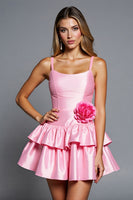 Load image into Gallery viewer, Pink A Line Satin Tiered Short Homecoming Dress with 3D Flowers