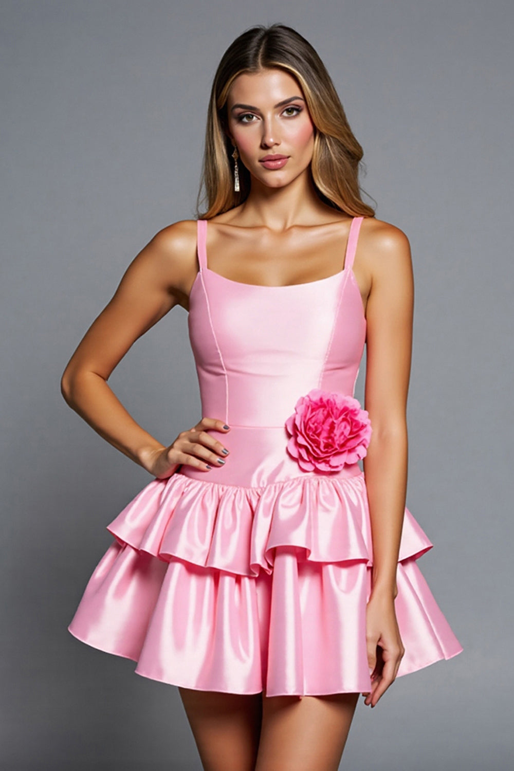 Pink A Line Satin Tiered Short Homecoming Dress with 3D Flowers