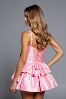 Load image into Gallery viewer, Pink A Line Satin Tiered Short Homecoming Dress with 3D Flowers
