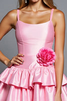 Load image into Gallery viewer, Pink A Line Satin Tiered Short Homecoming Dress with 3D Flowers