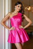 Load image into Gallery viewer, Fuchsia A Line Short Satin Homecoming Dress with 3D Flowers