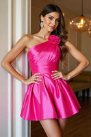 Load image into Gallery viewer, Fuchsia A Line Short Satin Homecoming Dress with 3D Flowers