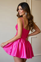 Load image into Gallery viewer, Fuchsia A Line Short Satin Homecoming Dress with 3D Flowers