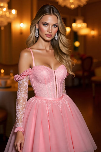 Pink A Line Tulle Short Corset Homecoming Dress with Appliques