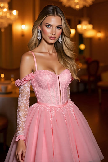 Pink A Line Tulle Short Corset Homecoming Dress with Appliques