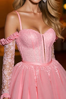 Load image into Gallery viewer, Pink A Line Tulle Short Corset Homecoming Dress with Appliques