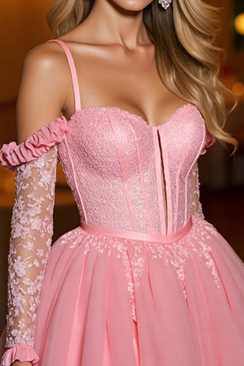 Pink A Line Tulle Short Corset Homecoming Dress with Appliques