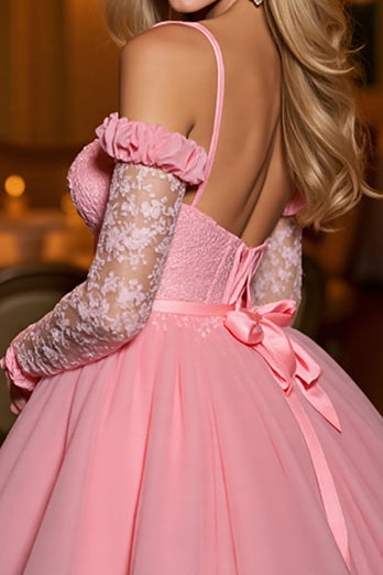 Pink A Line Tulle Short Corset Homecoming Dress with Appliques