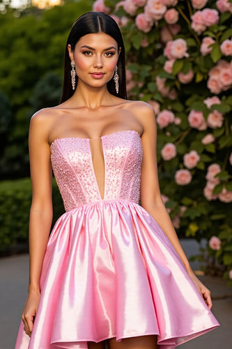 Pink Satin A Line Short Corset Homecoming Dress with Beading