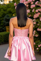 Load image into Gallery viewer, Pink Satin A Line Short Corset Homecoming Dress with Beading