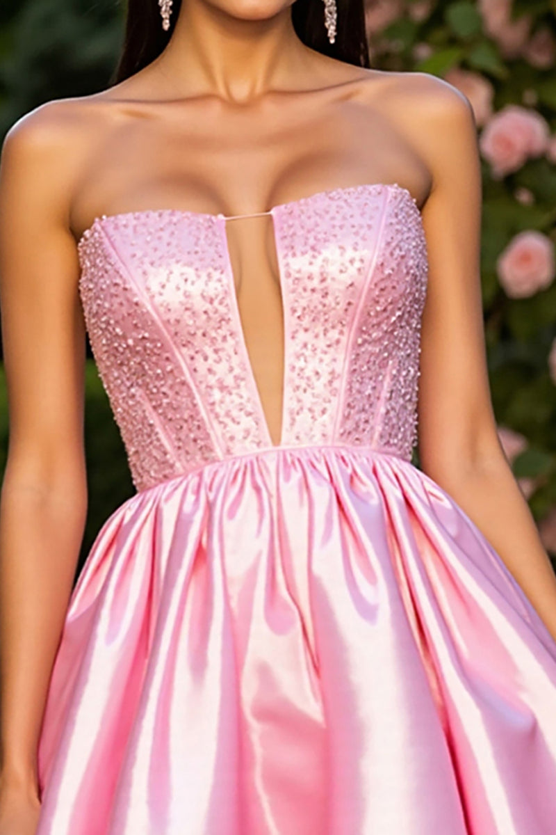 Load image into Gallery viewer, Pink Satin A Line Short Corset Homecoming Dress with Beading