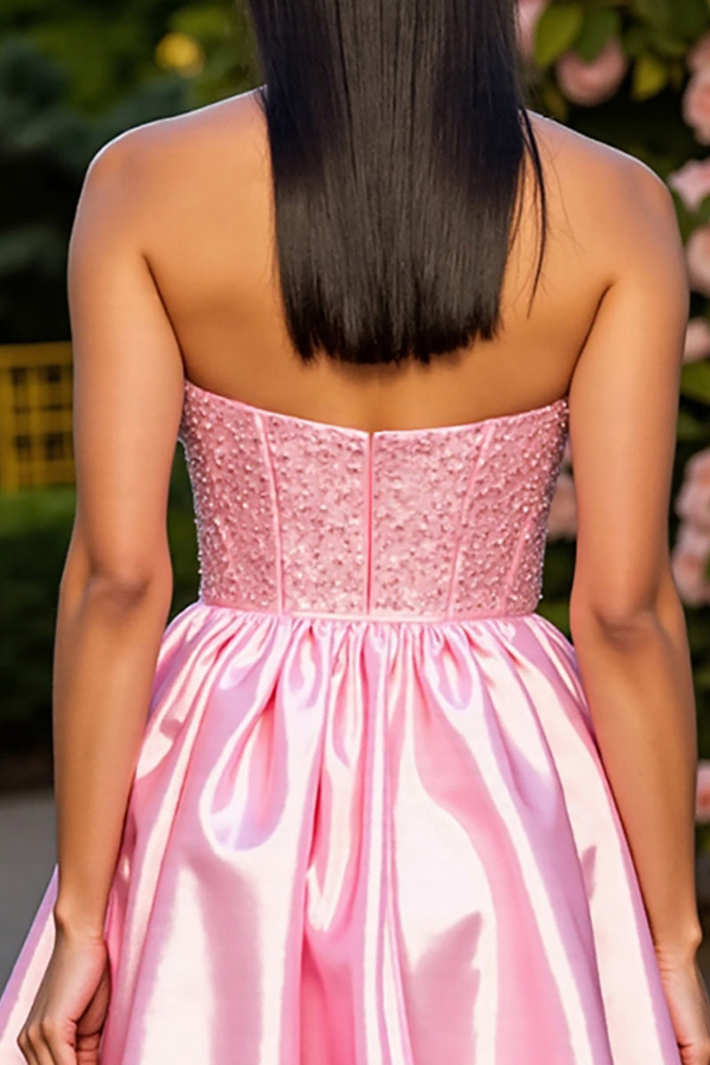Load image into Gallery viewer, Pink Satin A Line Short Corset Homecoming Dress with Beading