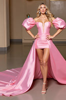 Load image into Gallery viewer, Pink Tight Bodycon Side Cape Satin Short Homecoming Dress