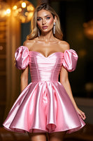 Load image into Gallery viewer, Pink Satin A Line Puff Sleeves Short Corset Homecoming Dress
