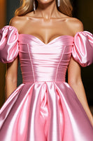Load image into Gallery viewer, Pink Satin A Line Puff Sleeves Short Corset Homecoming Dress