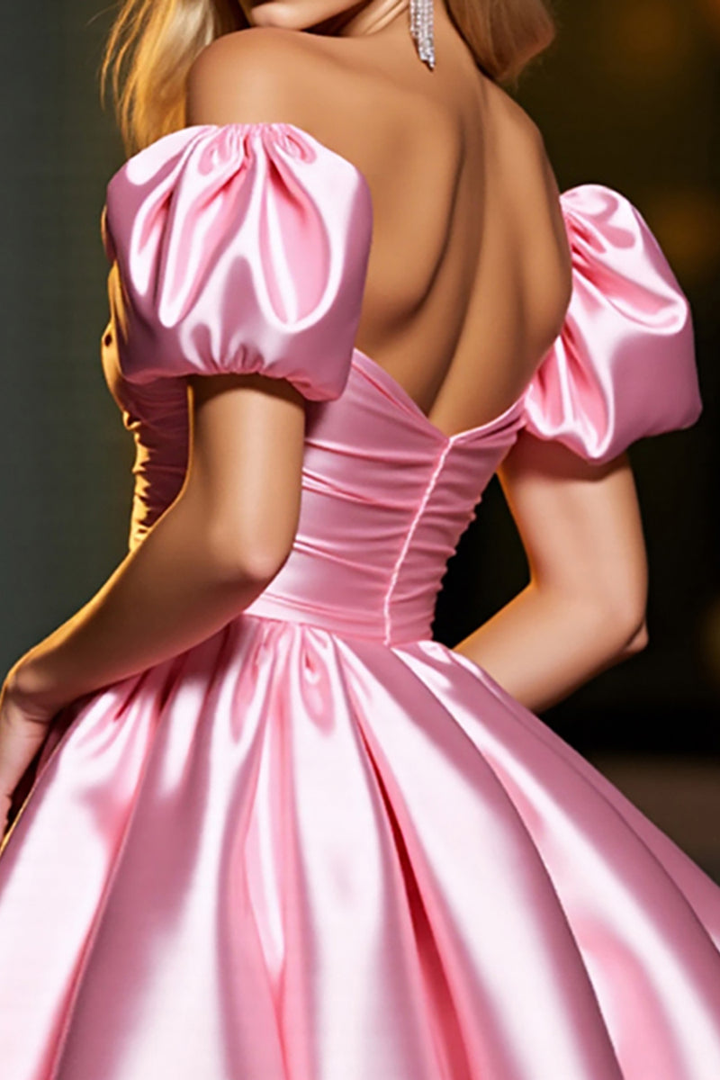 Load image into Gallery viewer, Pink Satin A Line Puff Sleeves Short Corset Homecoming Dress