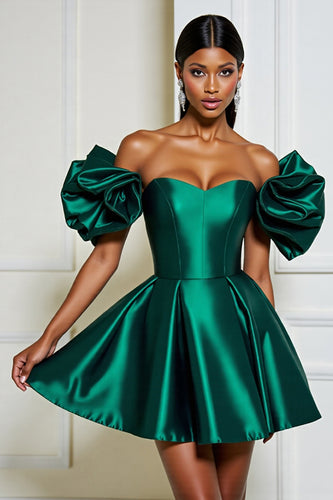 Dark Green Satin A Line Short Homecoming Dress with Ruffles