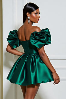 Dark Green Satin A Line Short Homecoming Dress with Ruffles