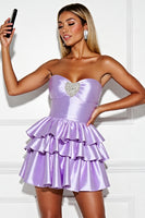 Load image into Gallery viewer, Lilac Satin A Line Tiered Short Homecoming Dress with Beading