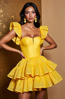 Load image into Gallery viewer, Yellow Tulle A Line Tiered Short Homecoming Dress