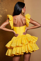 Load image into Gallery viewer, Yellow Tulle A Line Tiered Short Homecoming Dress