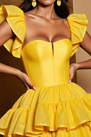 Load image into Gallery viewer, Yellow Tulle A Line Tiered Short Homecoming Dress