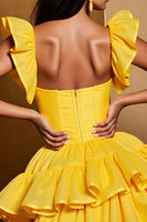 Load image into Gallery viewer, Yellow Tulle A Line Tiered Short Homecoming Dress