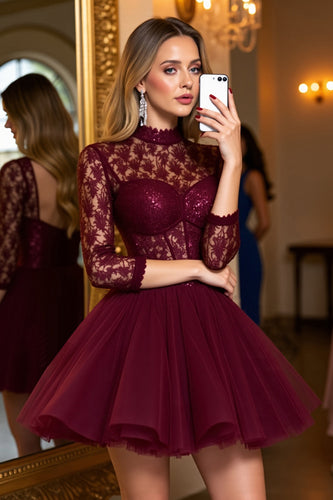 Burgundy Tulle Corset Illusion Neck A Line Short Homecoming Dress