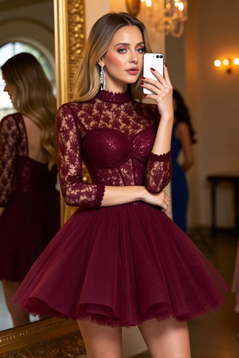 Burgundy Tulle Corset Illusion Neck A Line Short Homecoming Dress