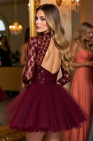 Load image into Gallery viewer, Burgundy Tulle Corset Illusion Neck A Line Short Homecoming Dress