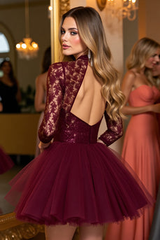 Burgundy Tulle Corset Illusion Neck A Line Short Homecoming Dress