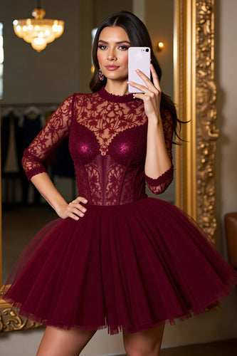 Burgundy Tulle Corset A Line Short Homecoming Dress with Lace
