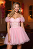 Load image into Gallery viewer, Pink Tulle Cold Shoulder A Line Short Corset Homecoming Dress