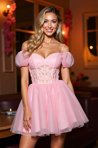 Pink Tulle Cold Shoulder A Line Short Corset Homecoming Dress