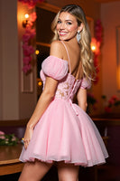 Load image into Gallery viewer, Pink Tulle Cold Shoulder A Line Short Corset Homecoming Dress