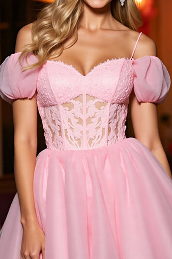 Pink Tulle Cold Shoulder A Line Short Corset Homecoming Dress