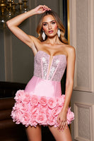 Load image into Gallery viewer, Sparkly Pink Corset Tight Short Satin Homecoming with Flowers