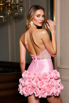 Sparkly Pink Corset Tight Short Satin Homecoming with Flowers