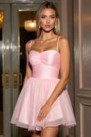 Load image into Gallery viewer, Pink A Line Tulle Spaghetti Straps Ruched Short Homecoming Dress