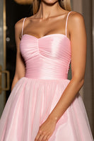 Load image into Gallery viewer, Pink A Line Tulle Spaghetti Straps Ruched Short Homecoming Dress