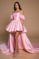 Load image into Gallery viewer, Pink Satin High Low Homecoming Dress with Bow A Line Side Cape Pageant Dress with Puff Sleeves