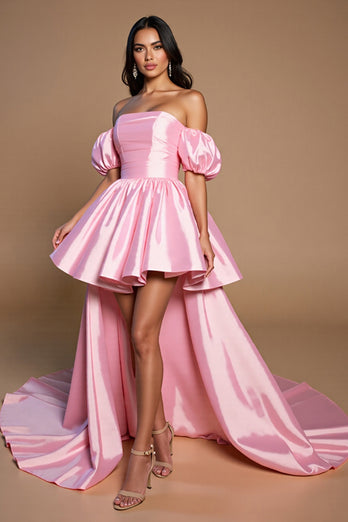 Pink A Line Off the Shoulder Short Satin Homecoming Dress with Bow