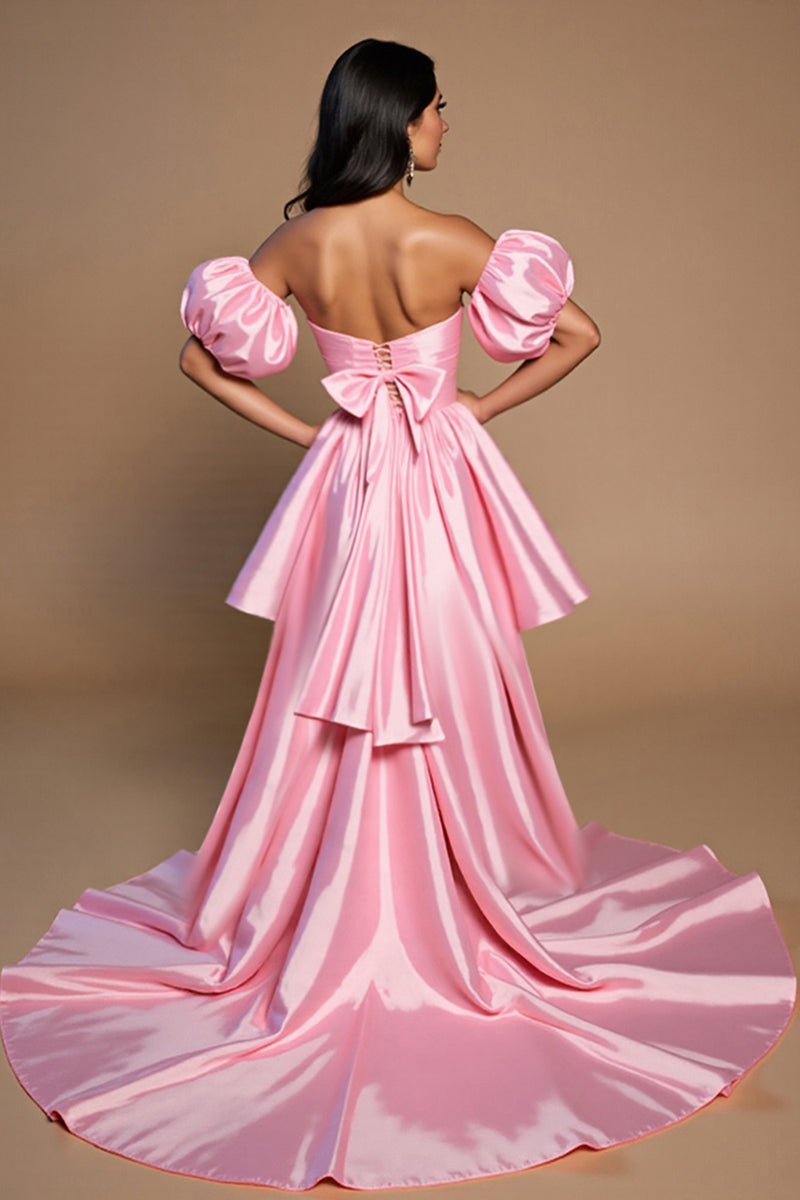 Load image into Gallery viewer, Pink A Line Off the Shoulder Short Satin Homecoming Dress with Bow