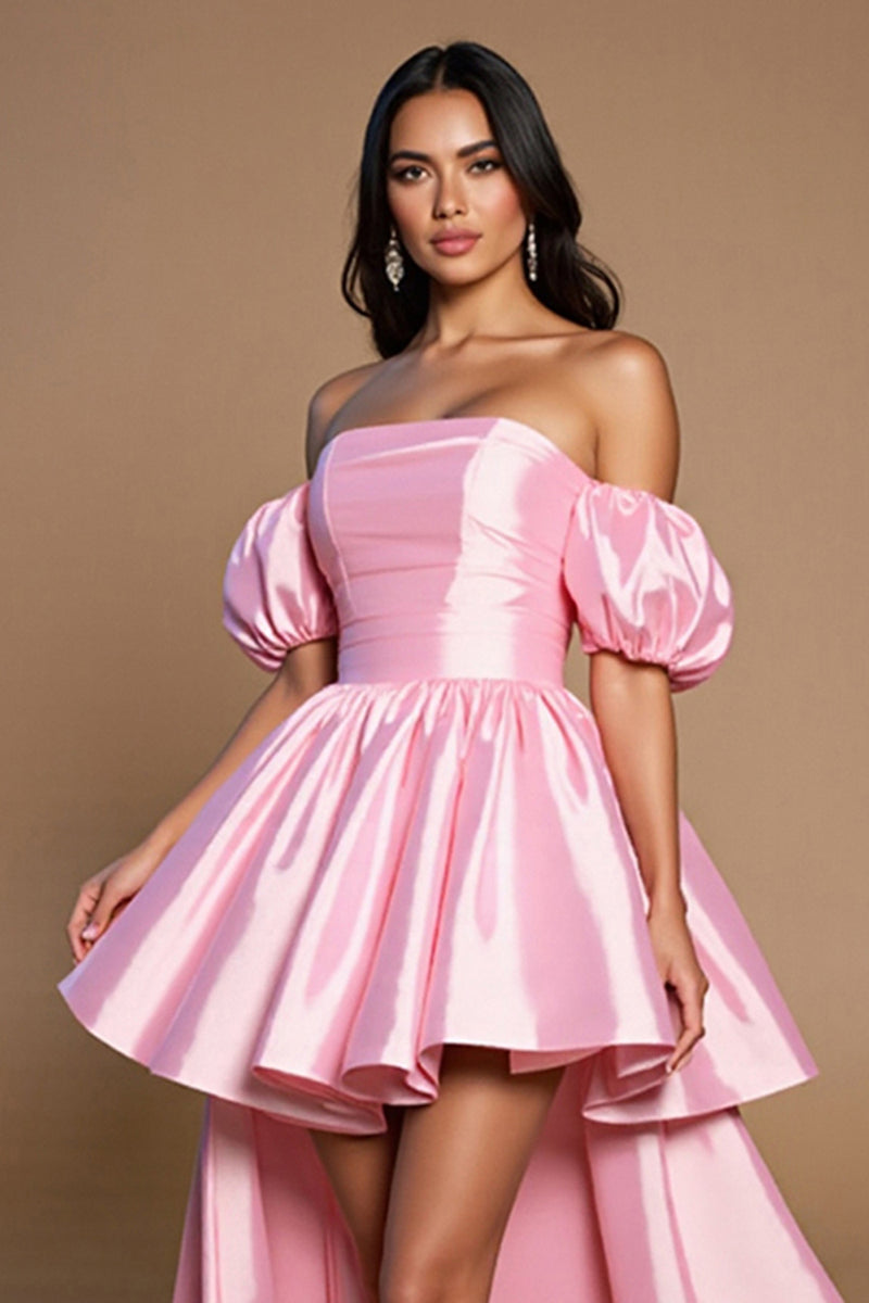 Load image into Gallery viewer, Pink A Line Off the Shoulder Short Satin Homecoming Dress with Bow